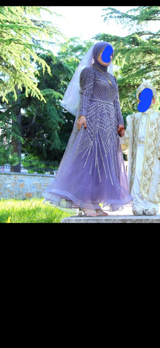 Uzun Kollu Mor Tesettür Nişan Elbisesi - Görsel 2