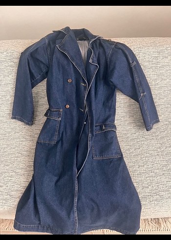 Kadın He-qa  Lacivert Denim Uzun Trençkot - Görsel 3