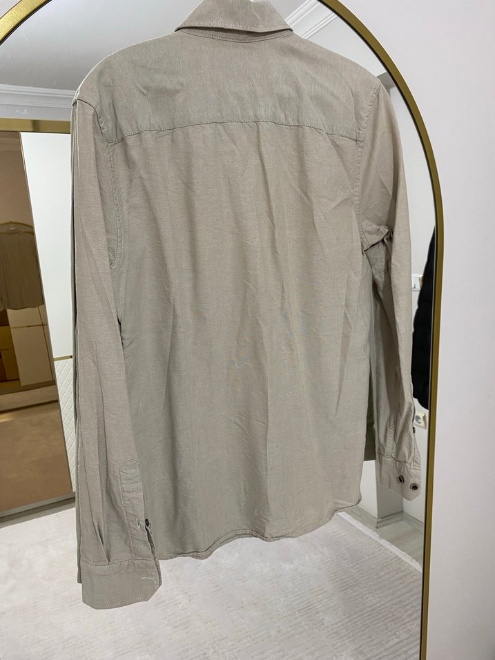 Bej Keten Erkek Gömlek Düğmeli - Görsel 2