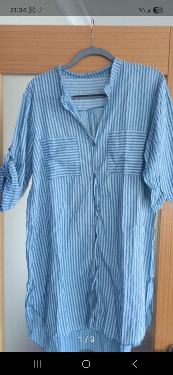 Düğmeli Gri Mavi Çizgili Denim Kadın Gömlek - Görsel 2