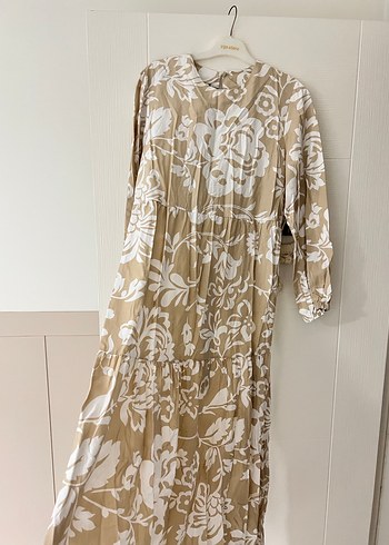 Bej Çiçek Desenli Uzun Keten Elbise - Görsel 4