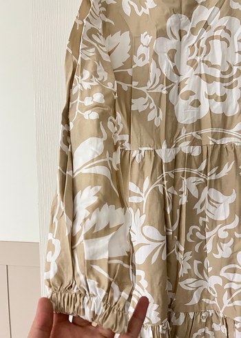 Bej Çiçek Desenli Uzun Keten Elbise - Görsel 2