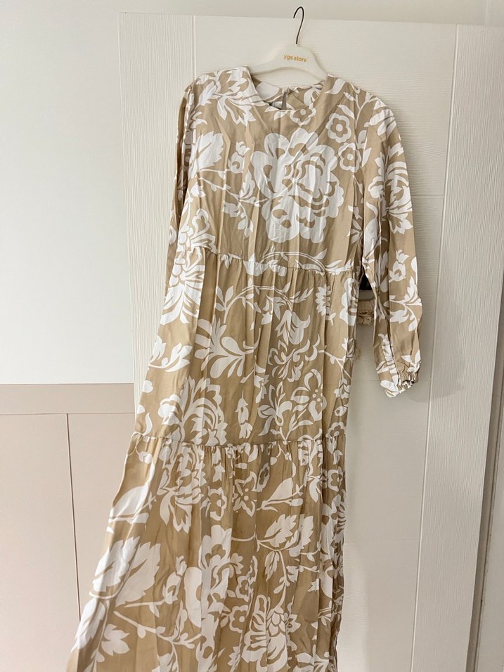 Bej Çiçek Desenli Uzun Keten Elbise - Görsel 4
