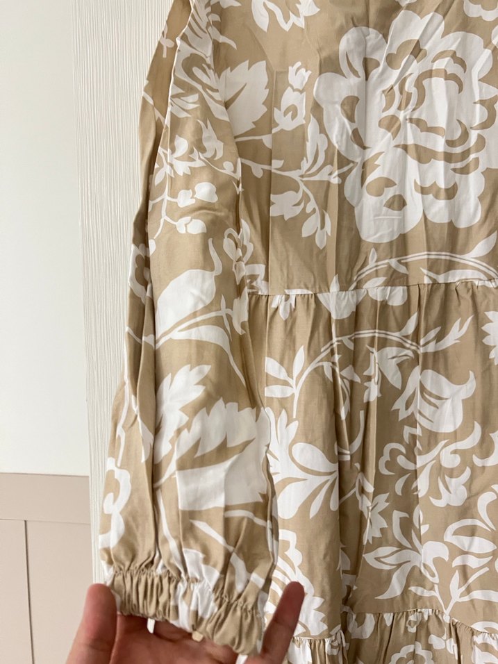 Bej Çiçek Desenli Uzun Keten Elbise - Görsel 2