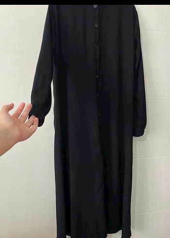 Düğmeli Siyah Uzun Keten Elbise - Görsel 2