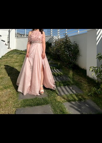 Pudra Uzun Drapeli Straplez Nişan Elbisesi - Görsel 3