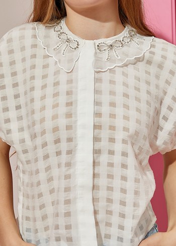 Nakışlı Beyaz Keten Kadın Gömlek - Görsel 2