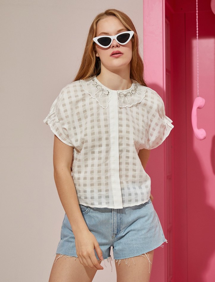 Nakışlı Beyaz Keten Kadın Gömlek - Görsel 3