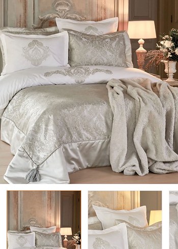 Nakışlı Beyaz Yatak Örtüsü Gri Detaylı - Görsel 5