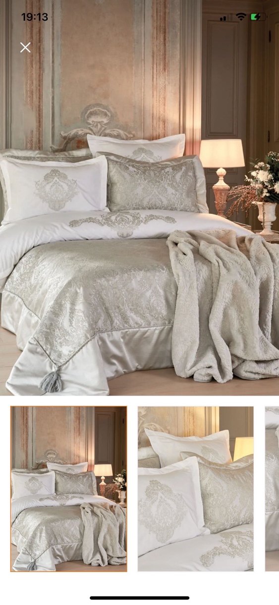 Nakışlı Beyaz Yatak Örtüsü Gri Detaylı - Görsel 5