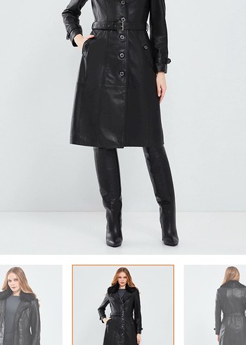 Siyah Deri Kemerli Uzun Trençkot - Görsel 3