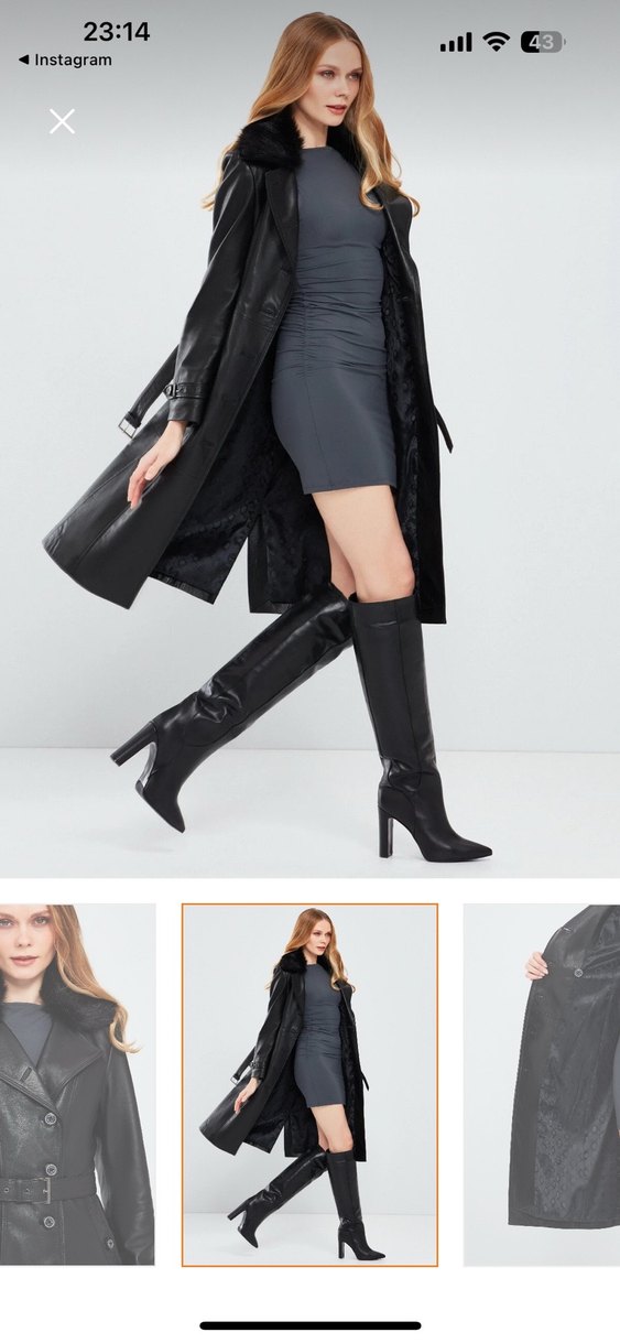 Siyah Deri Kemerli Uzun Trençkot - Görsel 5