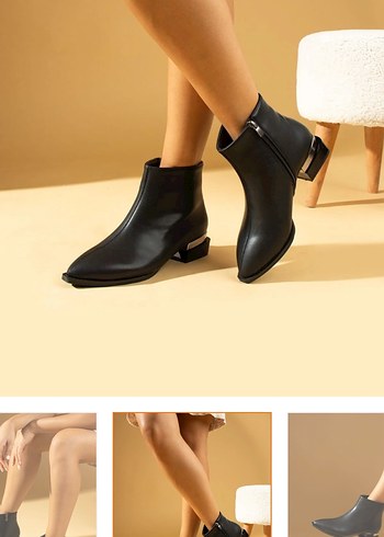 Siyah Deri Minimalist Topuklu Bot - Görsel 4