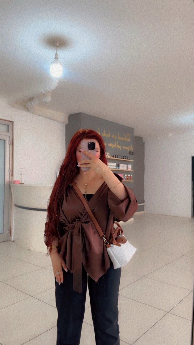 Kadın Kahverengi Deri Bağlamalı Bluz - Görsel 2