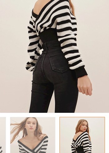 Kadın Siyah Çizgili V Yaka Kısa Kazak - Görsel 3