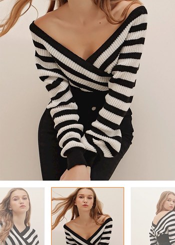 Kadın Siyah Çizgili V Yaka Kısa Kazak - Görsel 2