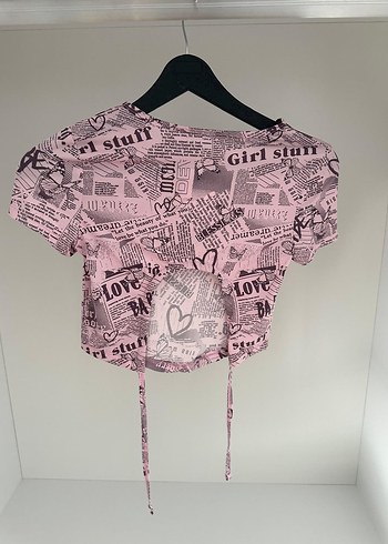 Pembe Baskılı Kısa Kollu Halter Yaka Tişört - Görsel 4