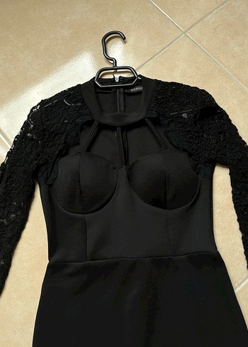 Dantelli Siyah Straplez Midi Gotik Elbise - Görsel 2