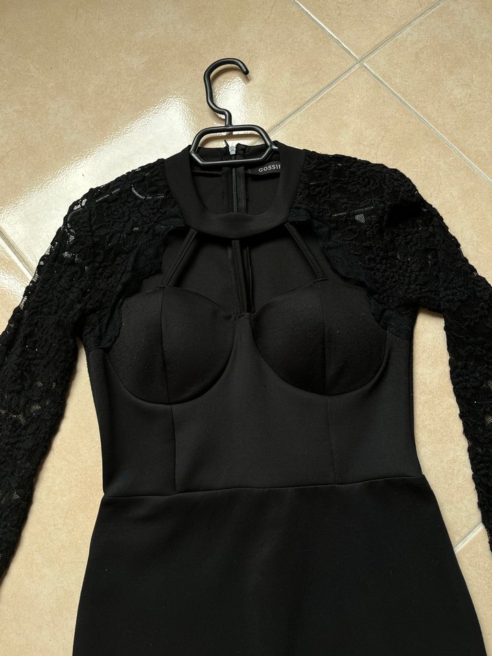 Dantelli Siyah Straplez Midi Gotik Elbise - Görsel 2