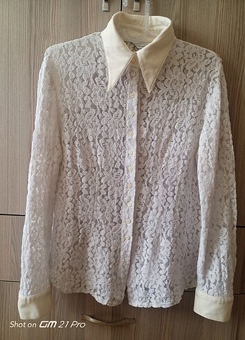 Vintage Dantel Güpür Detaylı Beyaz Gömlek 44 Beden 