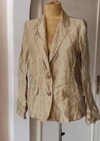 Yargıcı Bej Kadın Keten Düğmeli Blazer Ceket