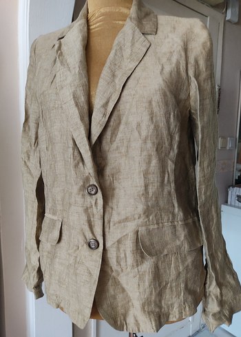 xl Beden haki Renk Bej Kadın Keten Düğmeli Blazer Ceket