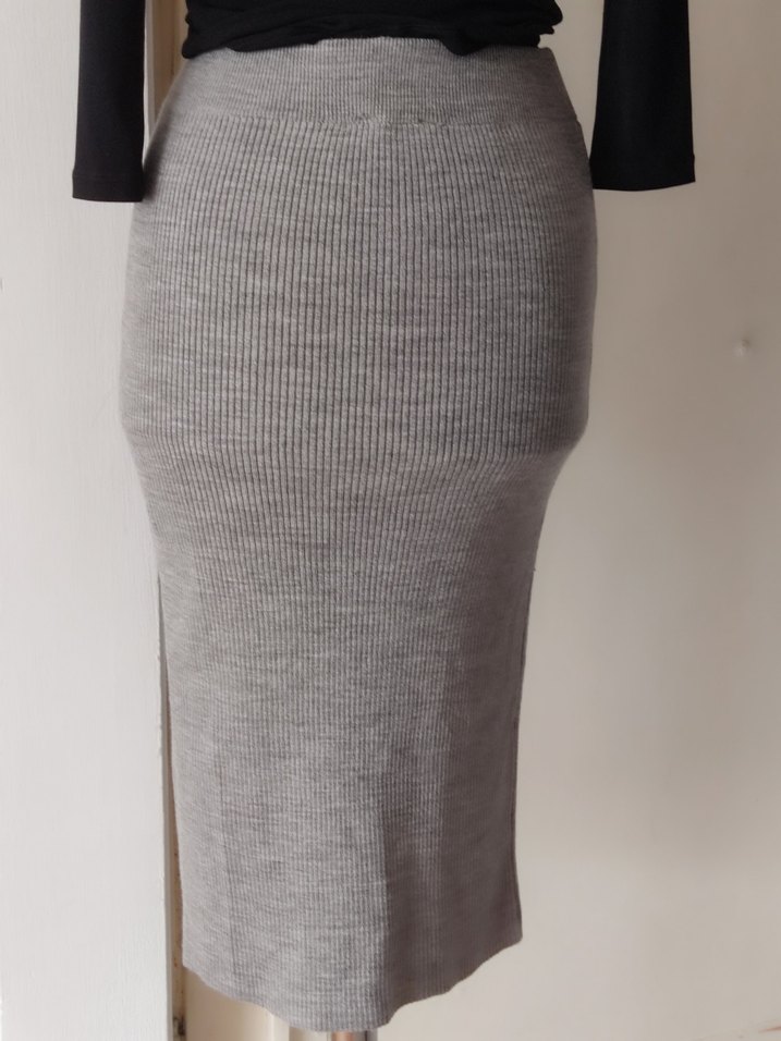 Düğmeli Uzun Gri etek - Görsel 5