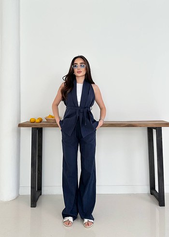 Kadın Lacivert Denim Kolsuz Ofis Takım