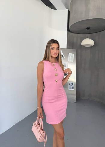 diğer Beden siyah Renk Düğmeli Siyah Mini Kalem Elbise