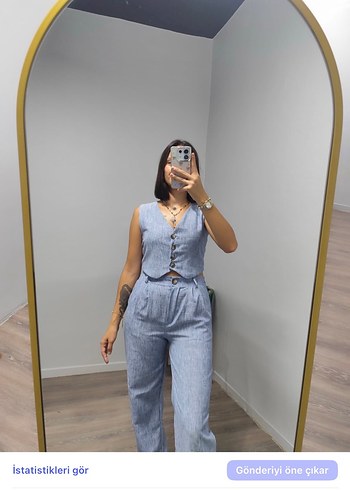 diğer Beden Gri Denim Düğmeli V Yaka Kadın Takım