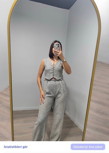 diğer Beden gri Renk Gri Denim Düğmeli V Yaka Kadın Takım