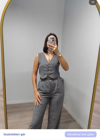 Gri Denim Düğmeli V Yaka Kadın Takım