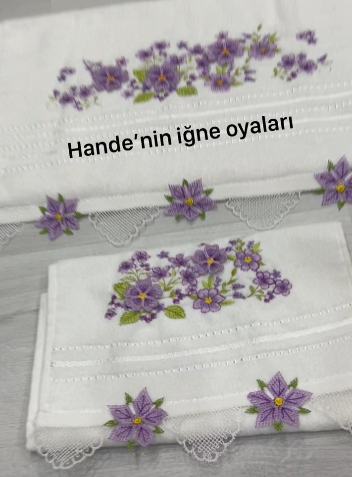 Mor İşlemeli Gri Dantelli Havlu Seti - Görsel 2