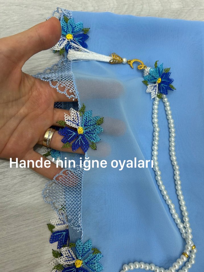 Mavi Dantel Detaylı Bohem Kadın Fular - Görsel 2