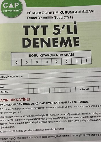 Çap Yayınları TYT 5'li Deneme Sınavı