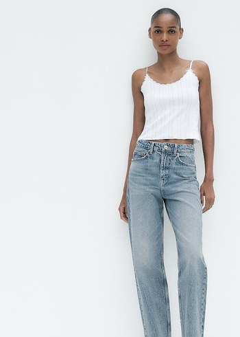 Zara Kadın Beyaz Midi Boy Denim Pantolon
