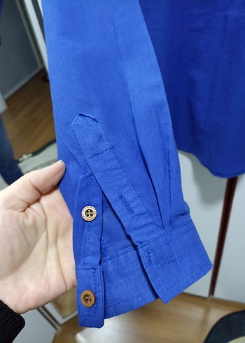 Erkek Mavi Düğmeli Uzun Kollu Keten Gömlek - Görsel 4