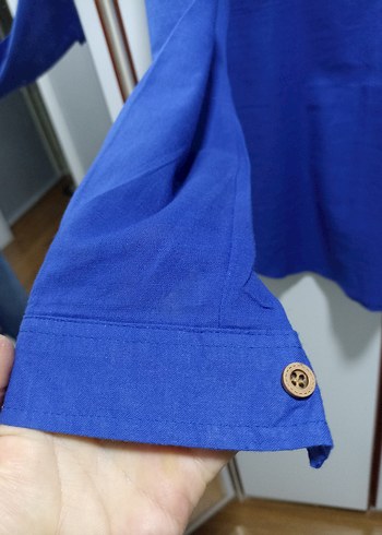 Erkek Mavi Düğmeli Uzun Kollu Keten Gömlek - Görsel 3