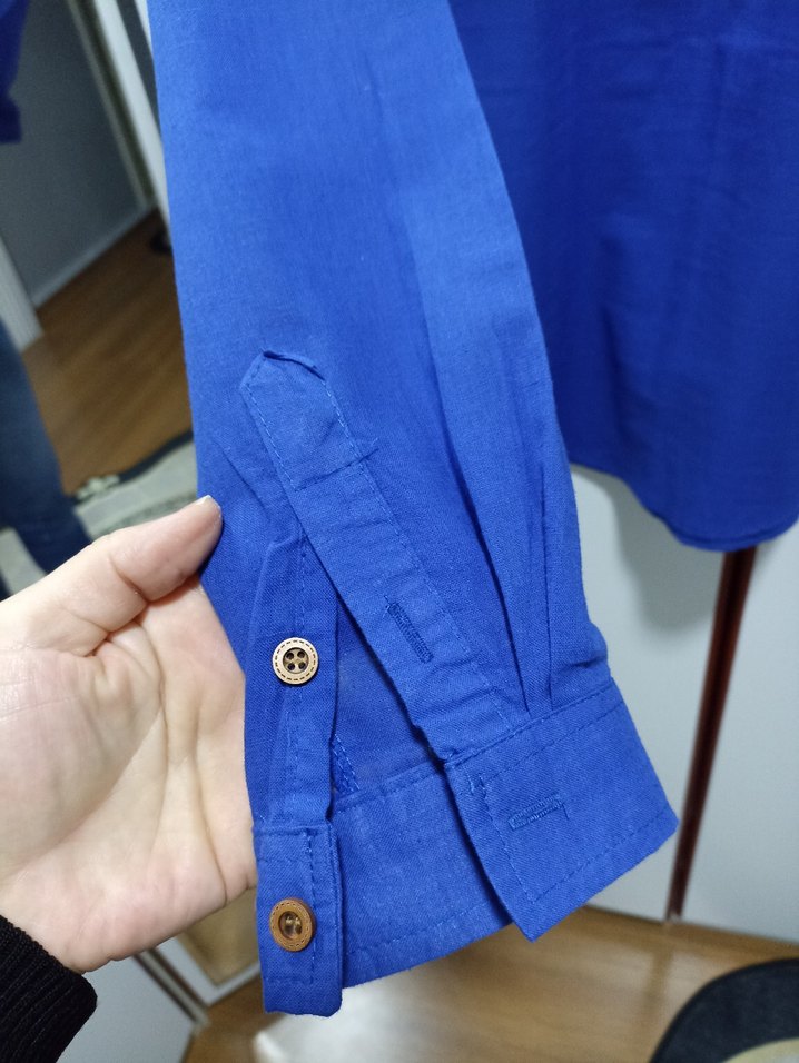 Erkek Mavi Düğmeli Uzun Kollu Keten Gömlek - Görsel 4