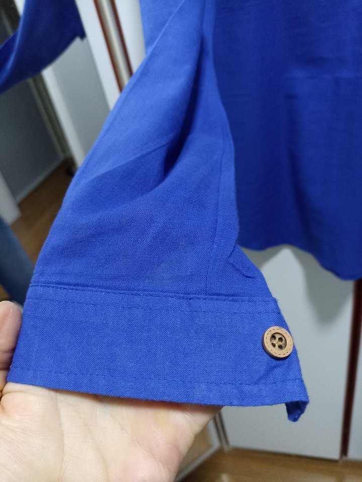 Erkek Mavi Düğmeli Uzun Kollu Keten Gömlek - Görsel 3