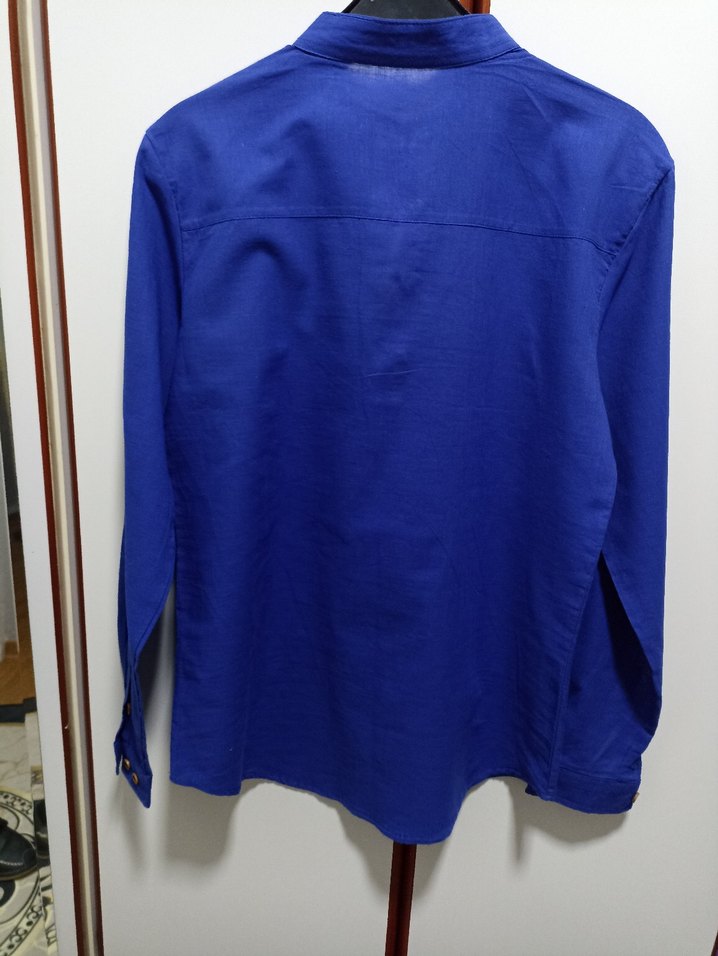 Erkek Mavi Düğmeli Uzun Kollu Keten Gömlek - Görsel 5