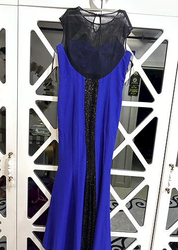 Uzun Kollu Mavi Kadın Abiye Elbise - Görsel 5