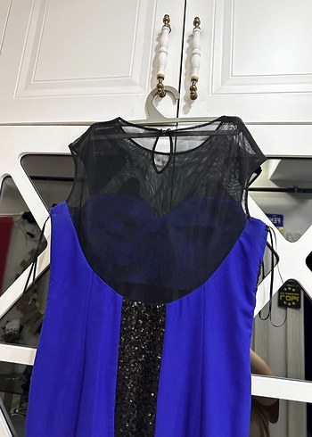 Uzun Kollu Mavi Kadın Abiye Elbise - Görsel 6