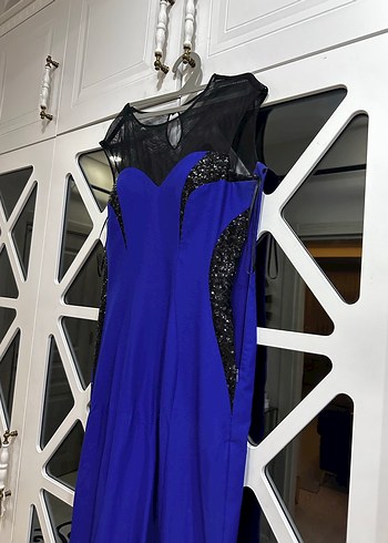 Uzun Kollu Mavi Kadın Abiye Elbise - Görsel 4