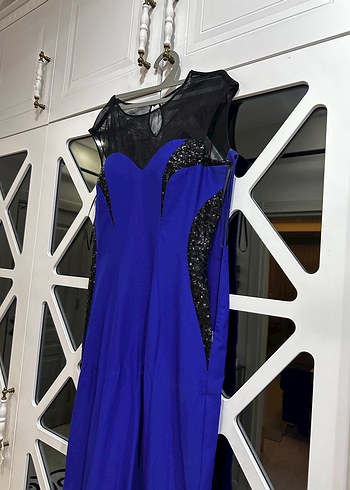 Uzun Kollu Mavi Kadın Abiye Elbise - Görsel 3