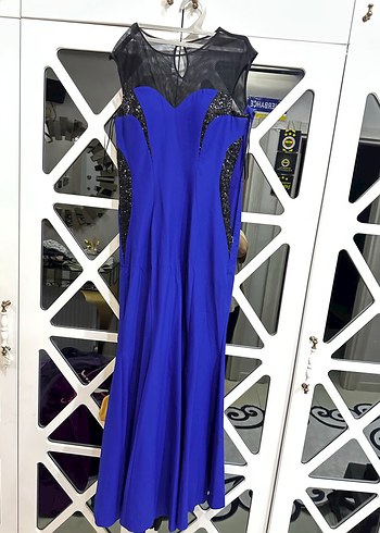 Uzun Kollu Mavi Kadın Abiye Elbise - Görsel 2