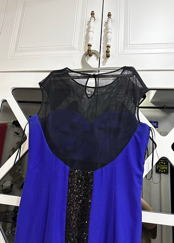 Uzun Kollu Mavi Kadın Abiye Elbise - Görsel 7