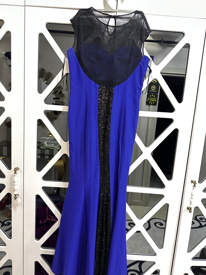 Uzun Kollu Mavi Kadın Abiye Elbise - Görsel 5