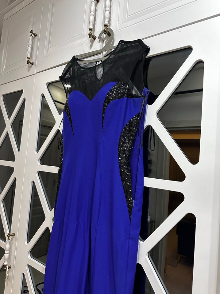 Uzun Kollu Mavi Kadın Abiye Elbise - Görsel 4