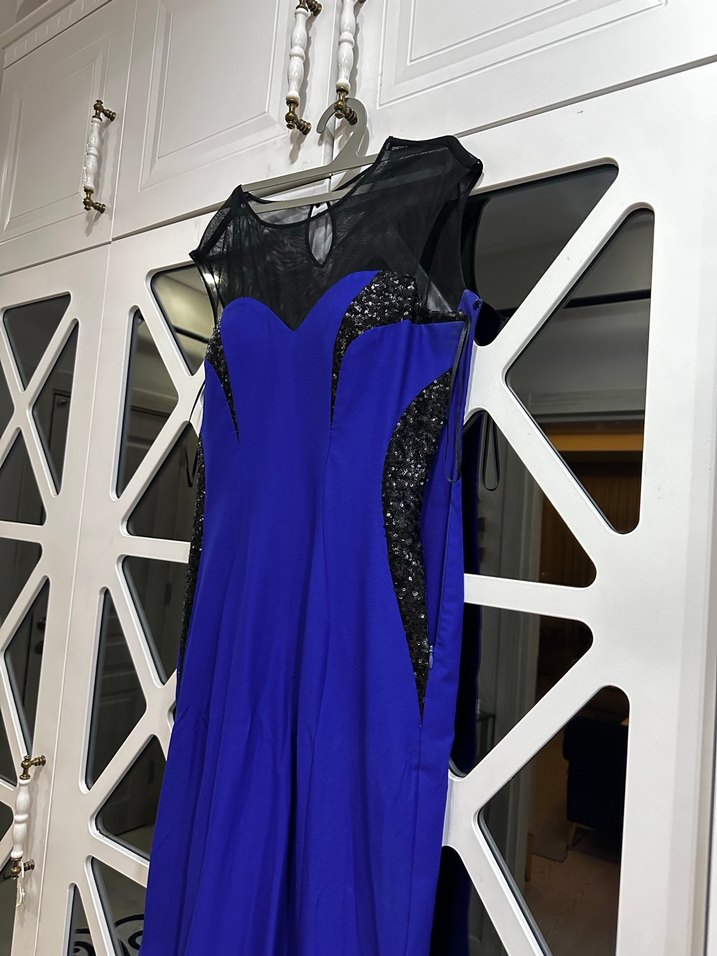 Uzun Kollu Mavi Kadın Abiye Elbise - Görsel 3